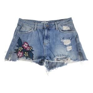 Zare Light Wah Embroidered Floral Patch Distressed Raw Hem Jean Shorts Size 6